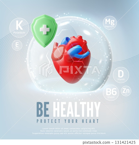 Be healthy protect your heart 3D vector poster, heart organ and green shield with cross, medicine treatment, healthcare Be healthy protect your heart 3D vector poster, heart organ and green shield with cross, medicine treatment, healthcare 131421425