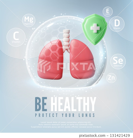 Be healthy protect your lungs 3D realistic vector poster, lungs in dome and shield with cross, medical treatment vitamin Be healthy protect your lungs 3D realistic vector poster, lungs in dome and shield with cross, medical treatment vitamin 131421429