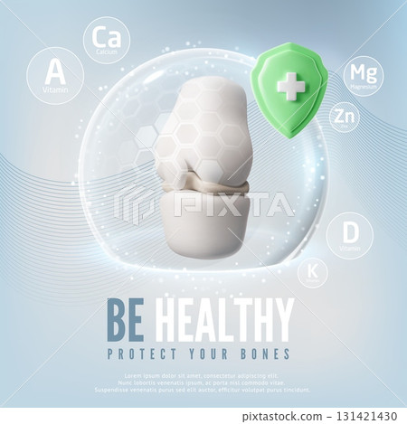 3D medical poster with human bone in protective dome, green shield with plus sign and vitamins. 3D medical poster with human bone in protective dome, green shield with plus sign and vitamins. 131421430
