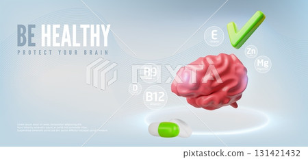 3d vector banner with human brain with pills, vitamins and green check mark. 131421432