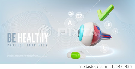 Be healthy protect your eyes 3D vector banner, eye and green tick mark, vitamins, prevention visual system, tablet drugs Be healthy protect your eyes 3D vector banner, eye and green tick mark, vitamins, prevention visual system, tablet drugs 131421436