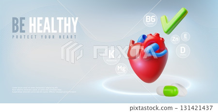 Be healthy protect your heart 3D vector banner, heart organ with green tick check mark, medicine treatment, healthcare Be healthy protect your heart 3D vector banner, heart organ with green tick check mark, medicine treatment, healthcare 131421437