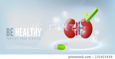 Be healthy protect your kidneys 3D vector banner, kidneys and green tick check mark, medicine treatment, healthcare 131421439