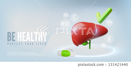 Be healthy protect your liver 3D realistic vector banner, hepatic system internal organ, green tick medicine tablet drug Be healthy protect your liver 3D realistic vector banner, hepatic system internal organ, green tick medicine tablet drug 131421440