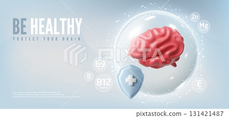 3D realistic model of human brain, vector render pink cerebrum isolated, volume intellect organ, Anatomy science concept 131421487