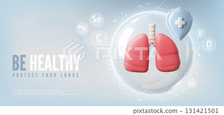 Be healthy protect your lungs 3D realistic vector banner, lungs and shield with cross, medical diagnostics and treatment 131421501