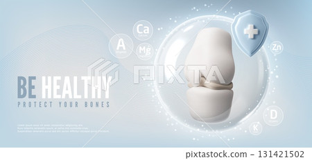 Be healthy protect your bones 3D vector banner, knee joint in protective sphere and shield with cross medical prevention Be healthy protect your bones 3D vector banner, knee joint in protective sphere and shield with cross medical prevention 131421502