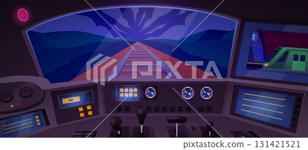 High speed metro train inside view from a cabin, control dashboard, vector flat subway railway transport driver interior High speed metro train inside view from a cabin, control dashboard, vector flat subway railway transport driver interior 131421521