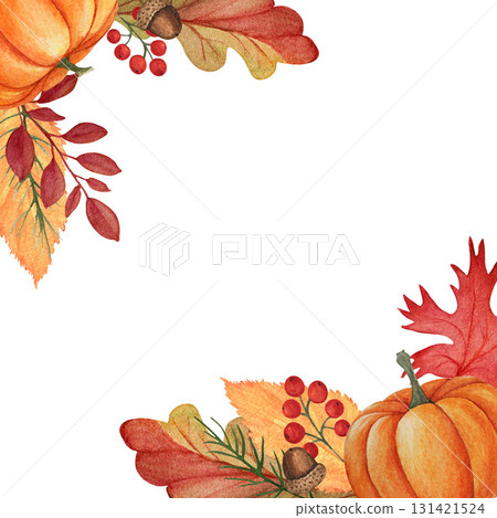 Watercolor colorful decorative square frame with autumn leaves, pumpkins, acorns and Christmas tree branches isolated on white background. Perfect for Thanksgiving and Halloween card template with 131421524