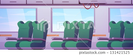 Train interior with green seats and windows, passenger transport railway cabin with chairs vector flat illustration 131421525