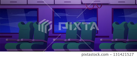 Train interior with green seats and windows vector flat illustration, passenger transport railway cabin with chairs 131421527