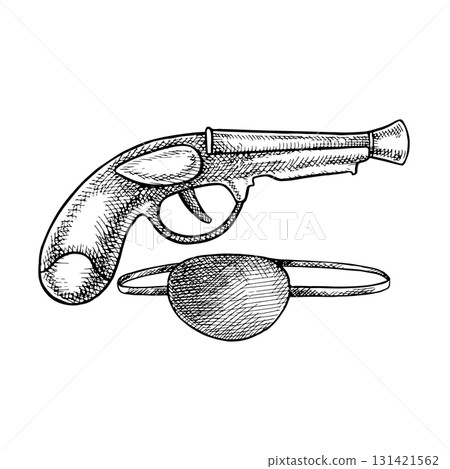 Pirate. Gun and eyepatch. Black and white graphics, vector illustration. Hand-drawn. For decorating children s games and holidays. For stickers, invitation cards, posters and banners, packaging. 131421562