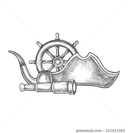 Medieval sea voyage. Black and white graphics, vector illustration. Hand-drawn. An old cannon and a ship s wheel, a tricorn hat, and a spyglass. For decorating children s games and celebrations. 131421565