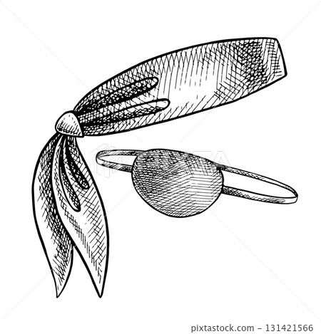 Pirate paraphernalia, bandana and eye patch. Black and white graphics, vector illustrations. Hand-drawn. For children s games and holidays. For stickers, invitation cards, posters and banners. 131421566