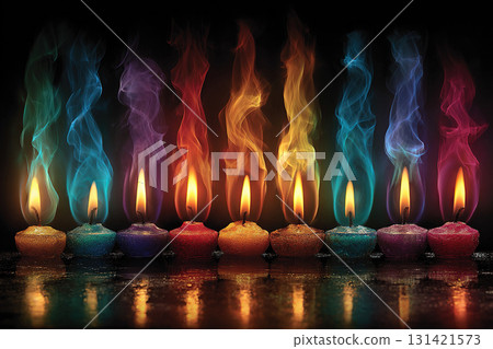 A row of candles with colored flames stands on a table in the darkness. The flames illuminate the darkness. 131421573