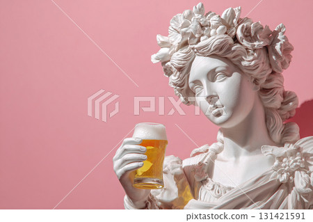 Plaster statue of a woman with a glass of foamy beer in her hand on a pink background with space for text. 131421591
