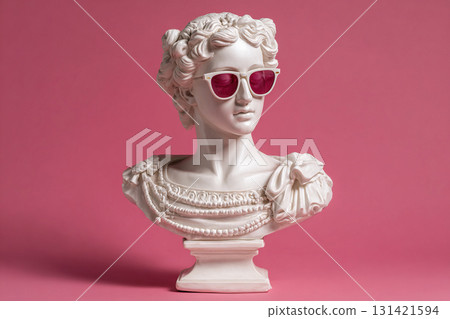 Plaster bust of a Greek goddess wearing sunglasses on a pink background with copy space. 131421594