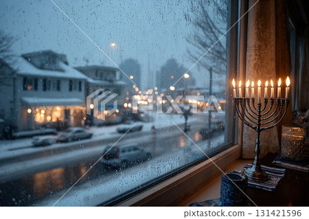A full menorah stands by a window with an evening view of the city. The candles in the menorah burn for the Jewish holiday of Hanukkah. A full menorah stands by a window with an evening view of the city. The candles in the menorah burn for the Jewish holiday of Hanukkah. 131421596