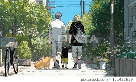 A happy family: Father, mother and their child walking together in harmony A happy family: Father, mother and their child walking together in harmony 131421639