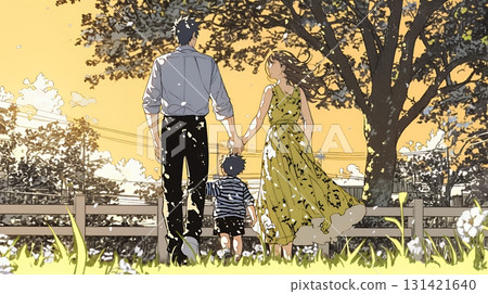 A happy family: Father, mother and their child walking together in harmony A happy family: Father, mother and their child walking together in harmony 131421640