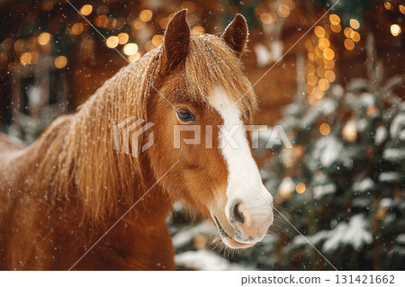 Portrait of a red horse against a blurred background of a farm decorated with golden Christmas lights. 131421662