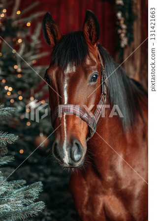 A portrait of a brown horse with a black mane next to a Christmas tree decorated with garland. Concept for the winter Christmas holidays. 131421663