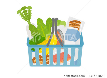 A shopping basket that looks heavy because it's packed with vegetables, meat, and other ingredients bought in bulk. 131421829