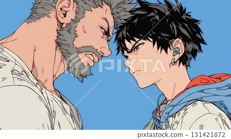 Father-son quarrel: A young male son and his father are at odds with each other 131421872