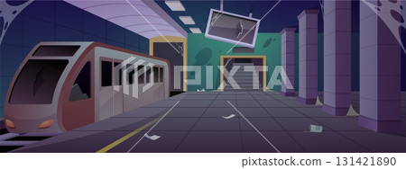 Destroyed and abandoned railway underground station, vector destroyed subway station metro train, platform, metropolitan 131421890