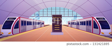 Railway station vector flat illustration, empty metro subway station interior with modern high speed trains and platform 131421895