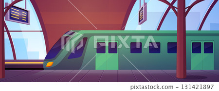 Railway station, vector flat empty subway station interior with metro train and platform, scoreboard, transport Railway station, vector flat empty subway station interior with metro train and platform, scoreboard, transport 131421897
