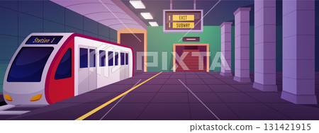 Railway underground station, vector flat subway station interior, metro train, platform, exit stairway, metropolitan 131421915