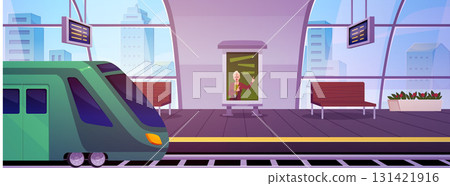 Railway station vector illustration, empty subway station interior with metro train and platform, scoreboard billboard Railway station vector illustration, empty subway station interior with metro train and platform, scoreboard billboard 131421916