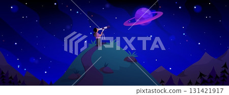 Kid watching space stars and planets in telescope, Astronomy discovery, vector cartoon mountains, night sky with Saturn 131421917
