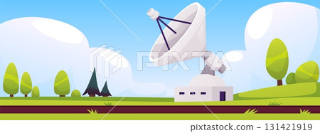 Antenna building with satellite dish in landscape, astronomy discovery equipment vector flat illustration, observatory 131421919