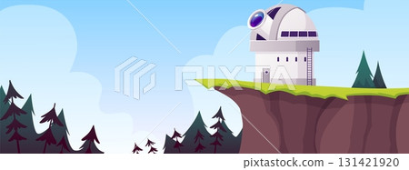 Observatory building on hill vector flat illustration, scientific planetarium and astronomical architecture in nature 131421920