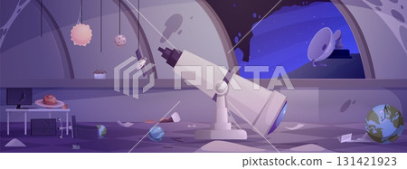 Destroyed and abandoned Observatory interior with broken telescope and planetarium vector flat illustration 131421923