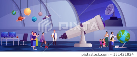 Observatory interior with telescope and planetarium, astronomy scientists observing space vector flat illustration 131421924
