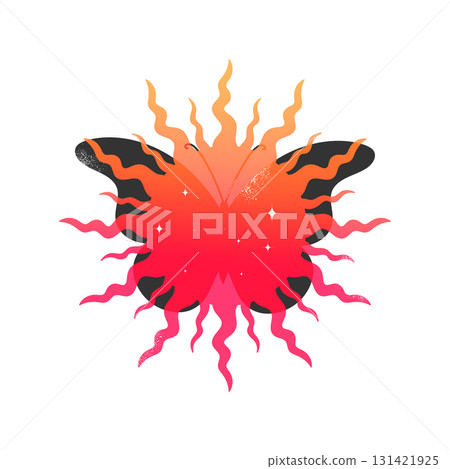 Celestial emblem with butterfly silhouette. Butterfly on gradient sun decorated with stars. Vector illustration 131421925