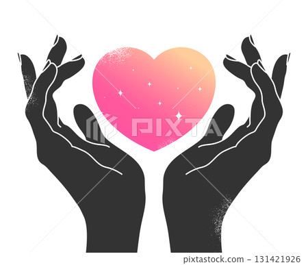 Celestial emblem with cupped hands holding heart. Human hands with a heart shape decorated with stars. Vector illustration 131421926