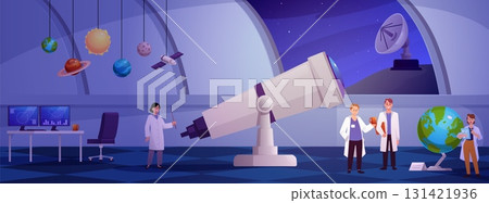 Observatory interior with telescope and planetarium, astronomy scientists observing space vector flat illustration Observatory interior with telescope and planetarium, astronomy scientists observing space vector flat illustration 131421936