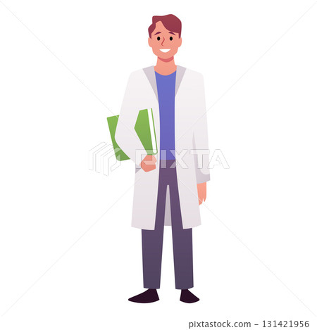 Man scientist, vector cartoon scientific technician, male character professor in a white lab coat with a pointer in hand 131421956