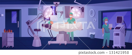 Surgery room interior vector flat illustration, patient under anesthesia on the operating table, surgeon and nurse 131421958