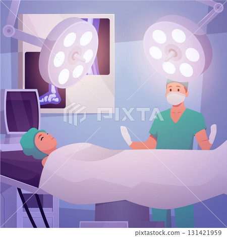 Surgery room interior with patient under anesthesia on the operating table under glowing lamp and surgeon flat vector 131421959