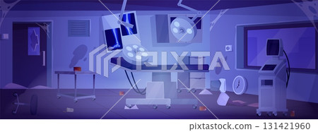 Destroyed and abandoned surgery room interior, vector flat broken hospital operating room with medicines instruments 131421960