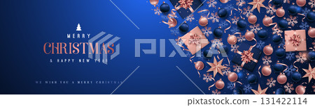 Merry Christmas greeting adorned with festive decorations in blu Merry Christmas greeting adorned with festive decorations in blu 131422114