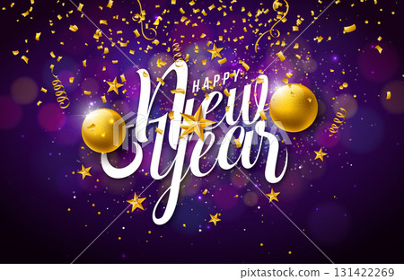 2026 Happy New Year Greeting Card Design with Typography Lettering and Christmas Ball on Falling Confetti Background. Holiday Illustration with Christmas Ornaments for Calendar, Flyer, Banner 131422269