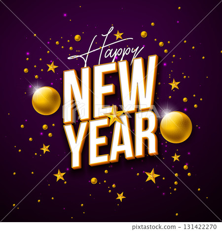 2026 Happy New Year Greeting Card Illustration with White 3D Typography Lettering and Christmas Ball on Dark Background. Holiday Design with Christmas Ornaments for Calendar, Flyer, Banner 131422270