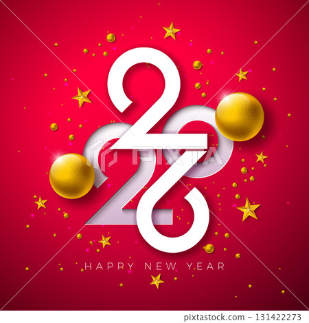 2026 Happy New Year Greeting Card Design with Cut Out Typography Number and Golden Christmas Ball on Red Background. Holiday Illustration with Christmas Ornaments for Calendar, Flyer, Banner 131422273