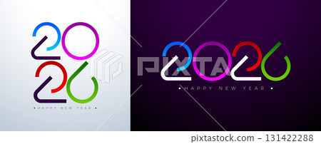 Happy New Year 2026 Logo Typography Design with Abstract Number on White and Black Background. Christmas Holiday Greeting Card Illustration with Typography Lettering for Calendar, Flyer, Banner Happy New Year 2026 Logo Typography Design with Abstract Number on White and Black Background. Christmas Holiday Greeting Card Illustration with Typography Lettering for Calendar, Flyer, Banner 131422288